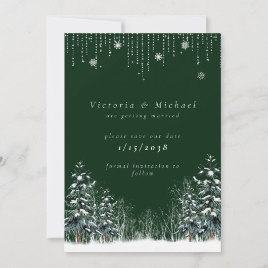 Winter Wedding Pine Trees Snowflakes Save The Date (Voorkant)