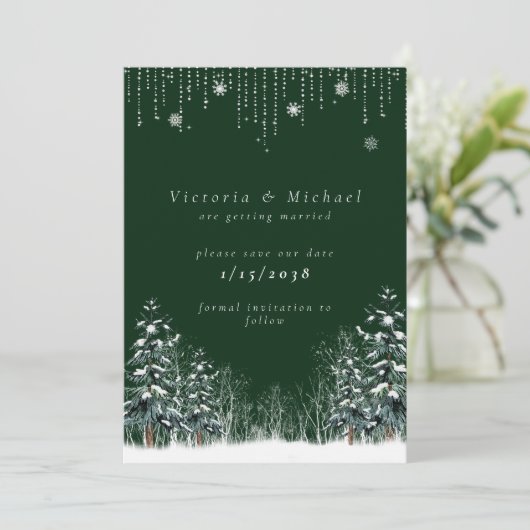 Winter Wedding Pine Trees Snowflakes Save The Date (Staand voorkant)