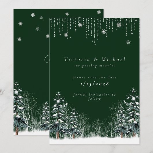 Winter Wedding Pine Trees Snowflakes Save The Date (Voorkant / Achterkant)