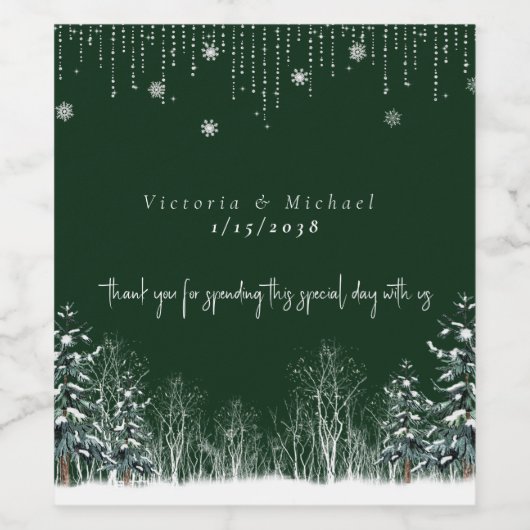 Winter Wedding Pine Trees Snowflakes Wijn Etiket (Enkel label)