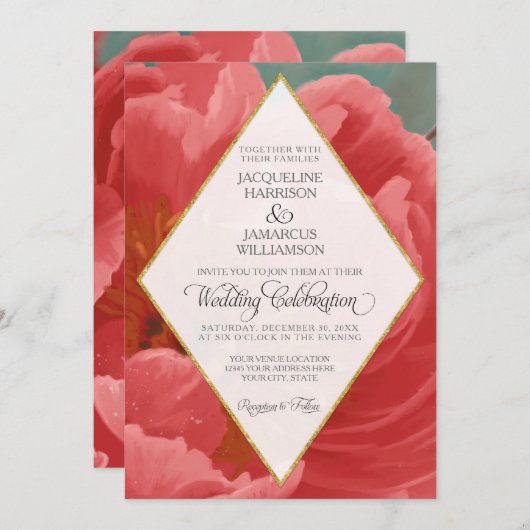 Winter Wedding Red Peony Gold Faux Glitter Diamond Kaart (Voorkant / Achterkant)