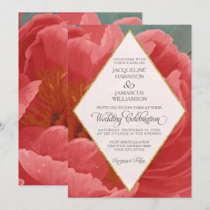 Winter Wedding Red Peony Gold Faux Glitter Diamond Kaart