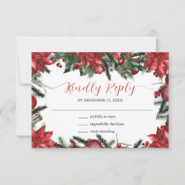 Winter Wedding Red Poinsettia Pine Greenery RSVP Kaartje