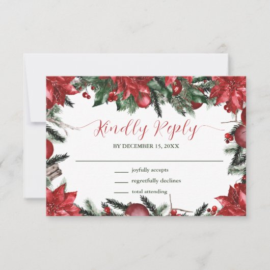 Winter Wedding Red Poinsettia Pine Greenery RSVP Kaartje (Voorkant)