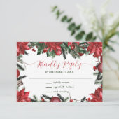 Winter Wedding Red Poinsettia Pine Greenery RSVP Kaartje (Staand voorkant)