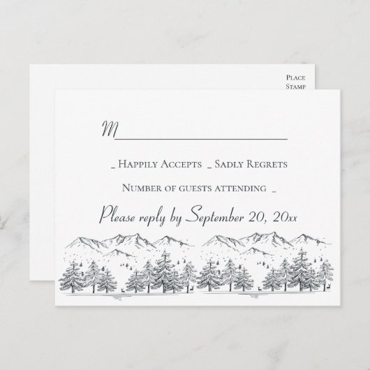 Winter Wedding RSVP Mountain Trees Country Rustic Uitnodiging Briefkaart (Voorkant / Achterkant)