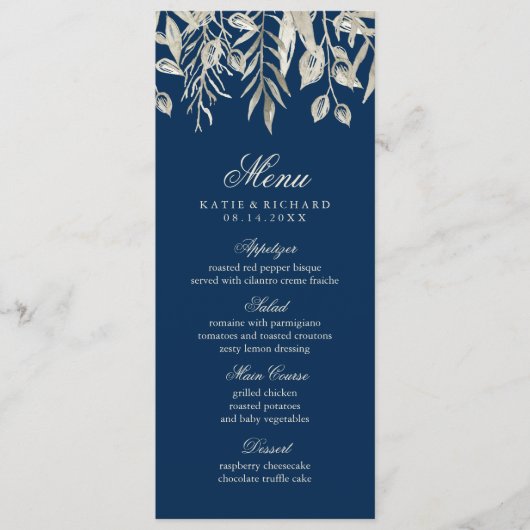 Winter Wedding Silver en Navy Blue Menu (Voorkant)