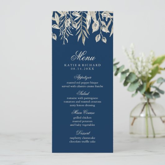 Winter Wedding Silver en Navy Blue Menu (Staand voorkant)