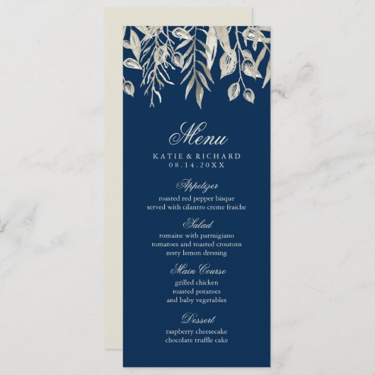 Winter Wedding Silver en Navy Blue Menu (Voorkant / Achterkant)