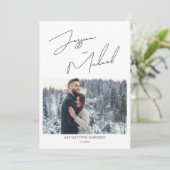 Winter Wedding Stoffig Blauw Fotoscript Save The Date (Staand voorkant)