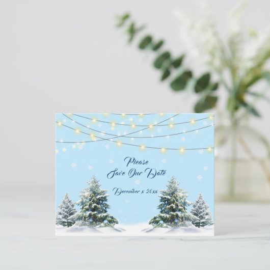 Winter Wedding String Lights Snow CoveredTrees Save The Date (Staand voorkant)