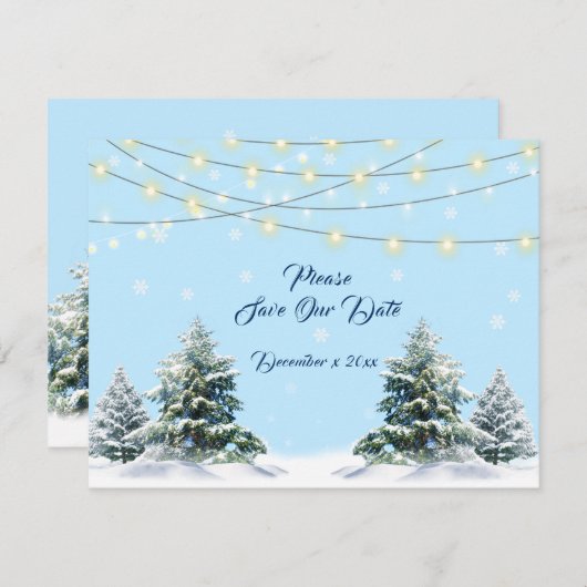 Winter Wedding String Lights Snow CoveredTrees Save The Date (Voorkant / Achterkant)