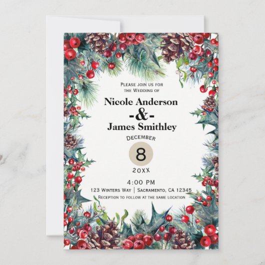 Winter Wedding Vakantie Kerst Bessen Pine Cone Kaart (Voorkant)