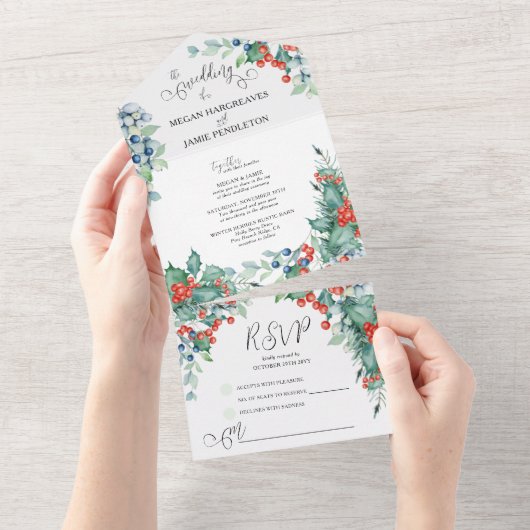Winter Wedding Waterverf Holly en Berries All In One Uitnodiging (Afscheurbaar)