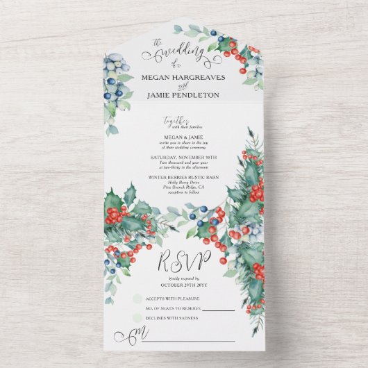 Winter Wedding Waterverf Holly en Berries All In One Uitnodiging (Binnen)