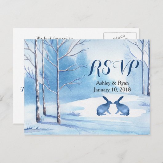 Winter Wedding Waterverf Trees Rabbits RSVP Uitnodiging Briefkaart (Voorkant / Achterkant)