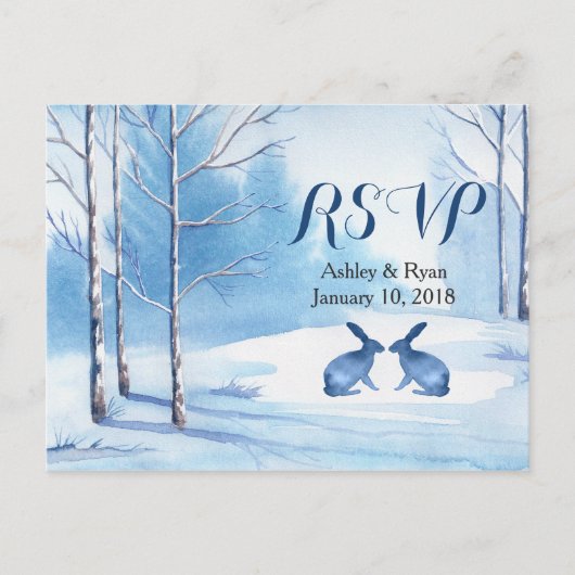 Winter Wedding Waterverf Trees Rabbits RSVP Uitnodiging Briefkaart (Voorkant)