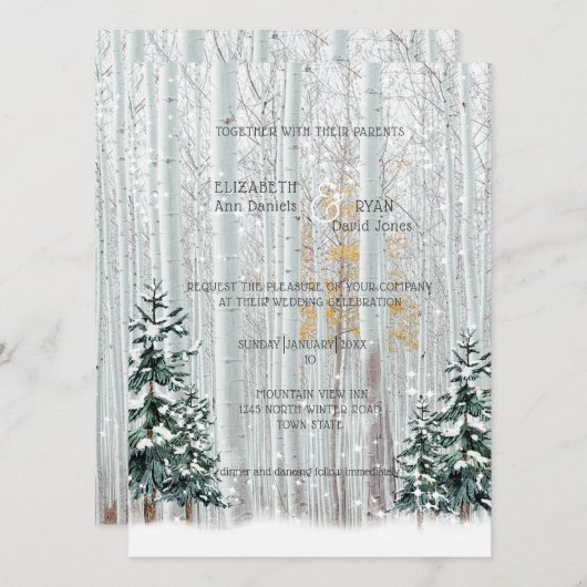 Winter Wedding White Birch Pine Trees Snow Kaart (Voorkant / Achterkant)
