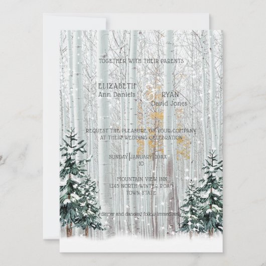 Winter Wedding White Birch Pine Trees Snow Kaart (Voorkant)