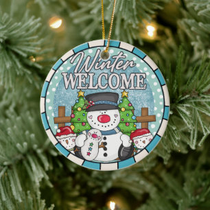 Winter Welkom Sneeuwman Familie Kerstmis Keramisch Ornament
