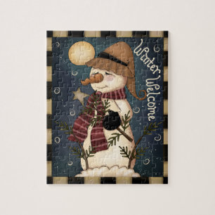 Winter Welkom Volkskunst Sneeuwman Puzzel