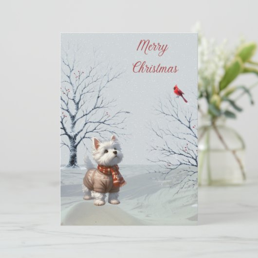 Winter Westie en Kardinaal Kerst Kaart (Staand voorkant)