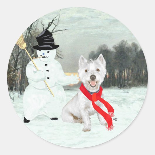 Winter Westie met een Snowman Ronde Sticker (Voorkant)