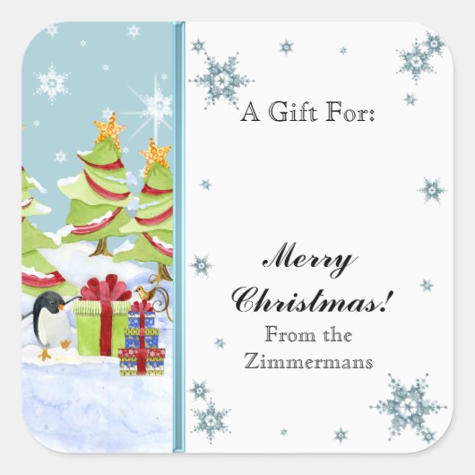 Winter Whimsy Schattige Pinguïn Baby's in Sneeuwst Vierkante Sticker (Voorkant)