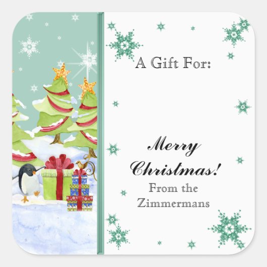 Winter Whimsy Schattige Pinguïn Baby's in Sneeuwst Vierkante Sticker (Voorkant)