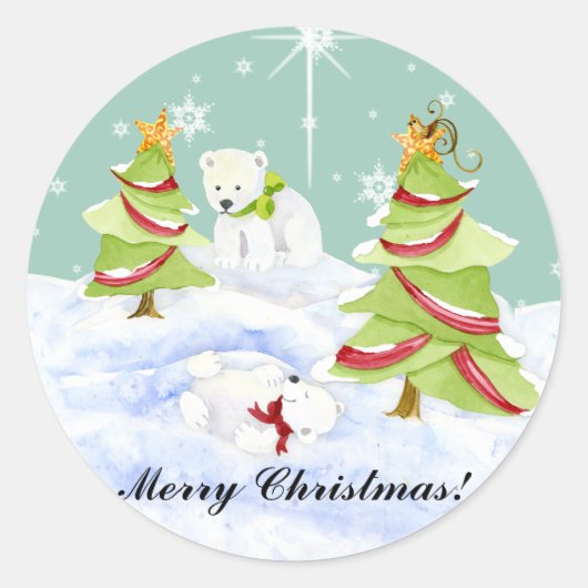 Winter Whimsy Schattige Polar Beer Baby's in Sneeu Ronde Sticker (Voorkant)