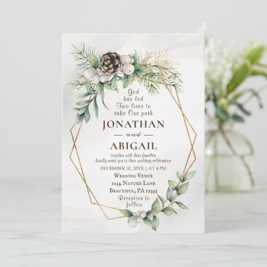 Winter White Berries Greenery Christelijk Wedding Kaart (Staand voorkant)