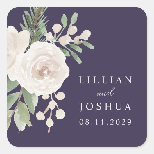 Winter White Botanical Purple Wedding Vierkante Sticker (Voorkant)