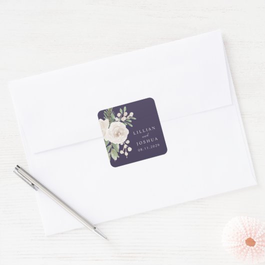 Winter White Botanical Purple Wedding Vierkante Sticker (Envelop)