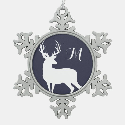 Winter White Deeer Silhouette Monogram Tin Sneeuwvlok Ornament (Voorkant)