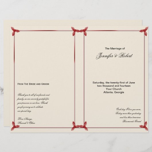 Winter White en Red Mistletoe Wedding Programme (Voorkant / Achterkant)