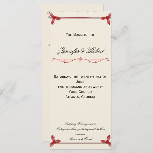 Winter White en Red Mistletoe Wedding Programme Programmakaart (Voorkant / Achterkant)