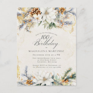 Winter White Floral Greenery 100e verjaardag Uitnodiging Briefkaart