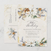 Winter White Floral Greenery 100e verjaardag Uitnodiging Briefkaart (Voorkant / Achterkant)