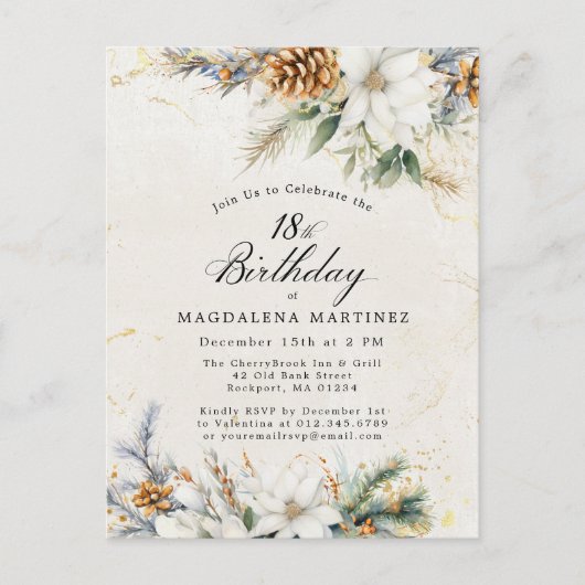 Winter White Floral Greenery 18e Verjaardag Uitnodiging Briefkaart (Voorkant)