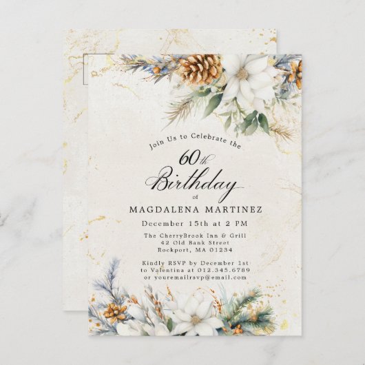 Winter White Floral Greenery 60e verjaardag Uitnodiging Briefkaart (Voorkant / Achterkant)