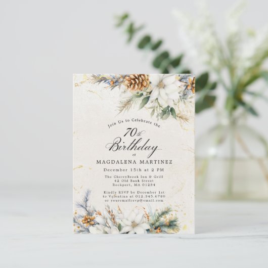 Winter White Floral Greenery 70e verjaardag Uitnodiging Briefkaart (Staand voorkant)