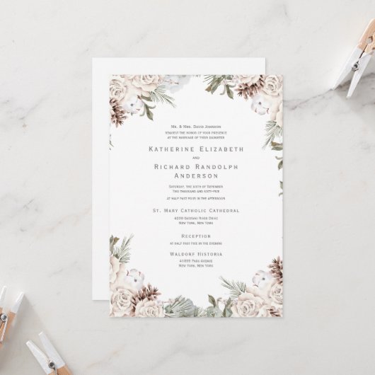 Winter White Floral Pine Cone Wedding Invitation Kaart (Voorkant / Achterkant in situ)