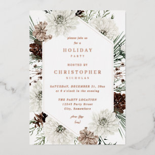 Winter White Floral & Pine Kerstmis of feestdag Folie Uitnodiging