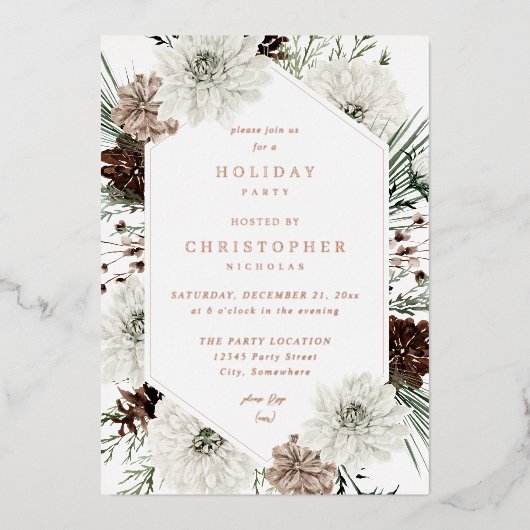 Winter White Floral & Pine Kerstmis of feestdag Folie Uitnodiging (Voorkant)