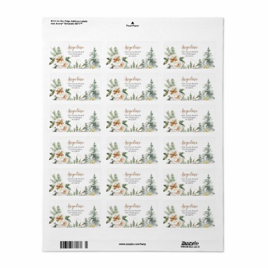 Winter White Floral Pine Trees Adres Label (Full Sheet)