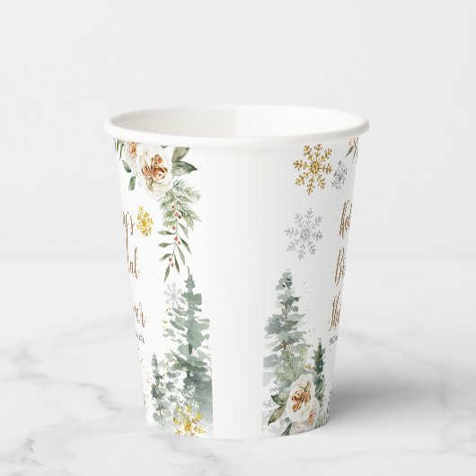 Winter White Floral Pine Trees Baby shower Papieren Bekers (Links)