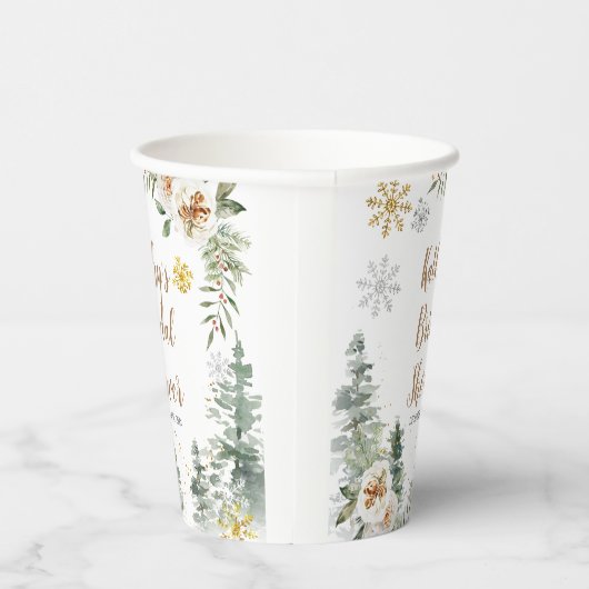 Winter White Floral Pine Trees Baby shower Papieren Bekers (Rechts)
