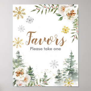 Winter White Floral Pine Trees Favor Sign Poster