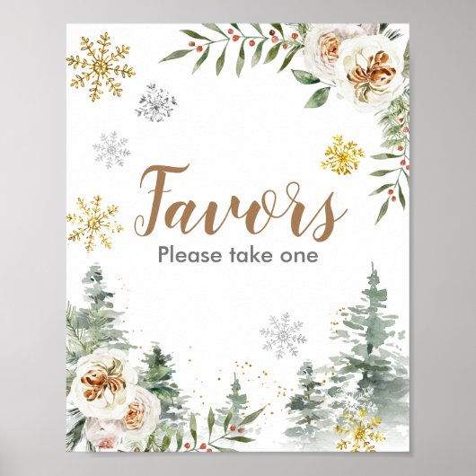 Winter White Floral Pine Trees Favor Sign Poster (Voorkant)