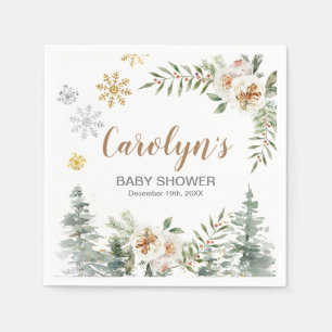 Winter White Floral Pine Trees Paper Napkins Servet